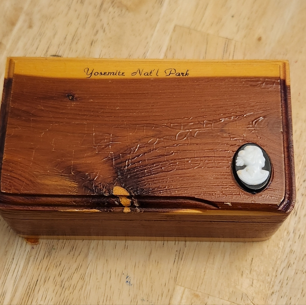 Vintage Wooden Jewelry Trinket Box Cameo Accent Cedar Wood Yosemite Nat'l Park